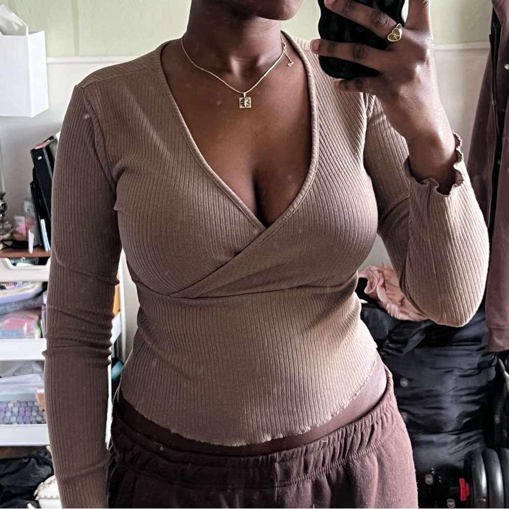 Ribbed Wrap Long Sleeve Top